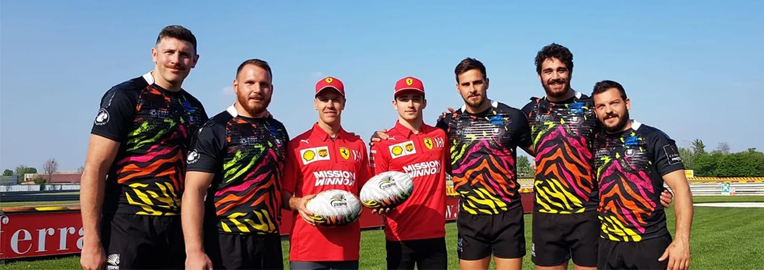 FERRARI'S VETTEL AND LECLERC RIDERS AT THE ZEBRE RUGBY PLAYERS' LESSON